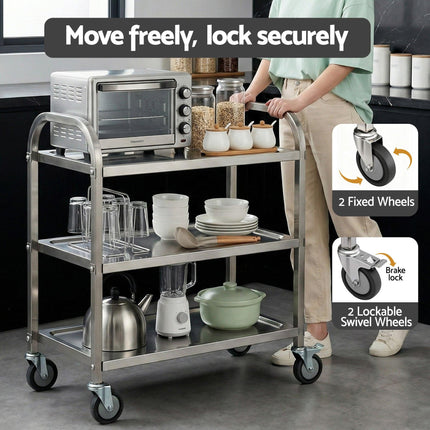 Cefito 3-Tier Stainless Steel Kitchen Trolley with Wheels 89X50X83cm.