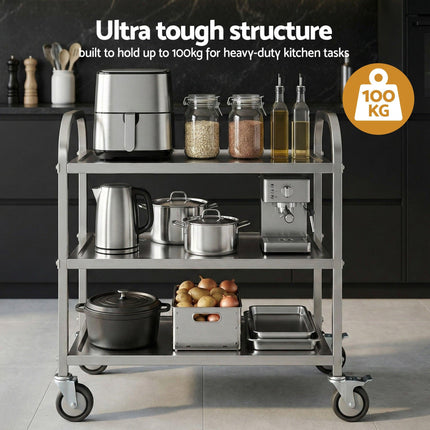 Cefito 3-Tier Stainless Steel Kitchen Trolley with Wheels 89X50X83cm.