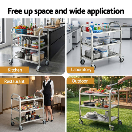 Cefito 3-Tier Stainless Steel Kitchen Trolley with Wheels 89X50X83cm.