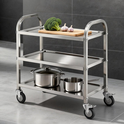 Cefito 3-Tier Stainless Steel Kitchen Trolley with Wheels 89X50X83cm.