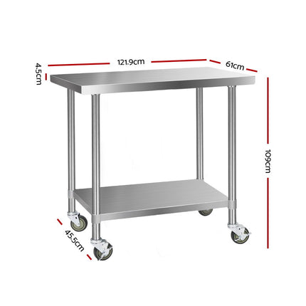 Cefito 1219x610mm Stainless Steel Kitchen Bench with Wheels 304.