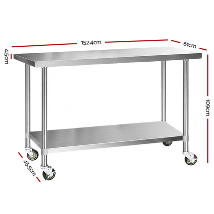 Cefito 1524x610mm Stainless Steel Kitchen Bench with Wheels 304.