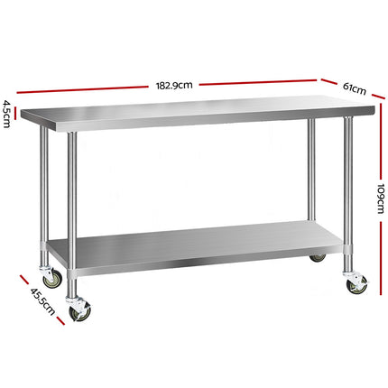 Cefito 1829x610mm Stainless Steel Kitchen Bench with Wheels 304.