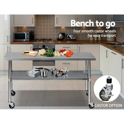 Cefito 1829x610mm Stainless Steel Kitchen Bench with Wheels 304.