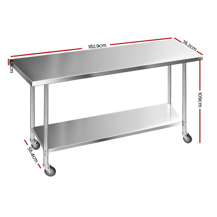 Cefito 1829x760mm Stainless Steel Kitchen Bench with Wheels 430.