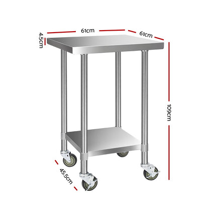 Cefito 610x610mm Stainless Steel Kitchen Bench with Wheels 430.