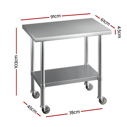 Cefito Stainless Steel Kitchen Benches Work Bench Wheels 91X61CM 430.