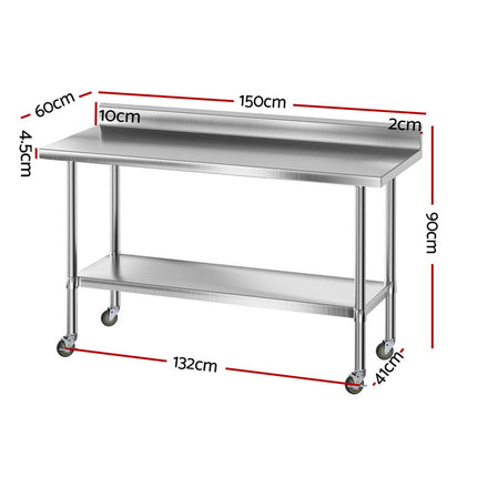 Cefito Stainless Steel Kitchen Bench w/ Splashback 1500x600MM 430.