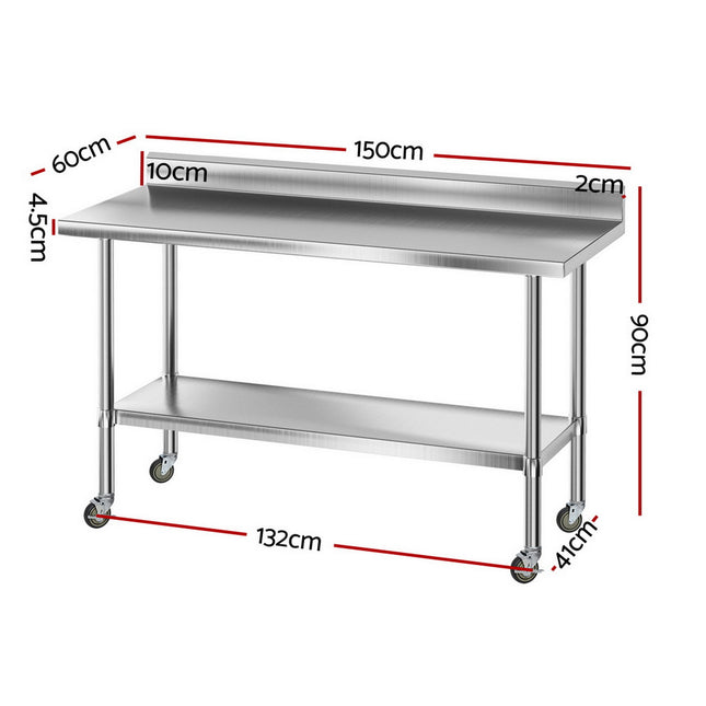 Cefito Stainless Steel Kitchen Bench w/ Splashback 1500x600MM 430.
