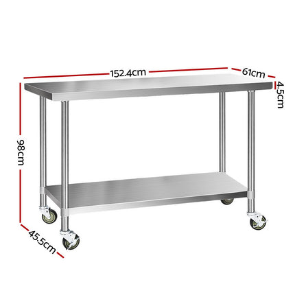 Cefito 1524x610mm Stainless Steel Kitchen Bench with Wheels 430.