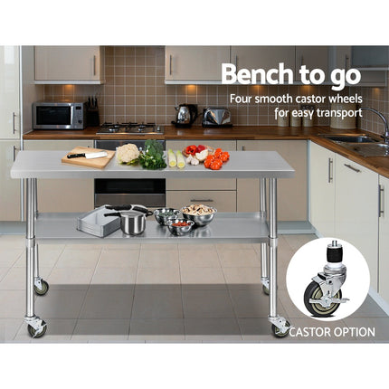 Cefito 1524x610mm Stainless Steel Kitchen Bench with Wheels 430.
