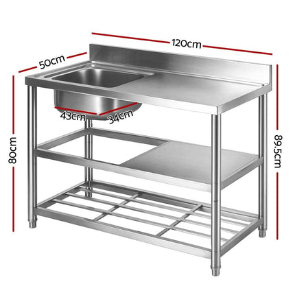 Cefito Stainless Steel Kitchen Bench Work Table with Sink Splashback 120cm.
