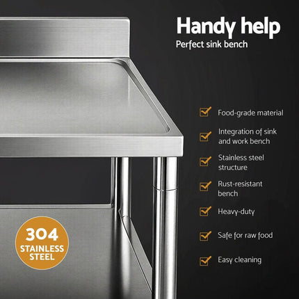 Cefito Stainless Steel Kitchen Bench Work Table with Sink Splashback 120cm.