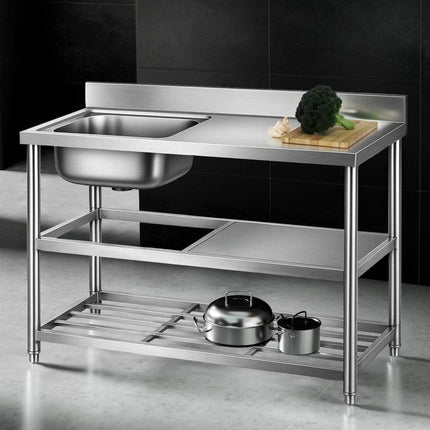 Cefito Stainless Steel Kitchen Bench Work Table with Sink Splashback 120cm.