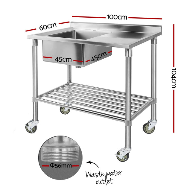 Cefito Stainless Steel Sink Bench Kitchen Work Benches Bowl Wheels 304.