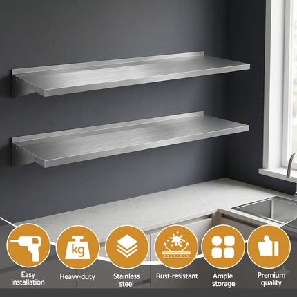 Cefito 2PCS 1200mm Stainless Steel Kitchen Wall Shelf Mounted Rack.