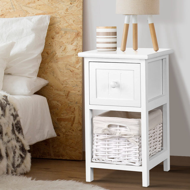 Artiss Bedside Table 1 Drawer with Basket Rustic White X2.