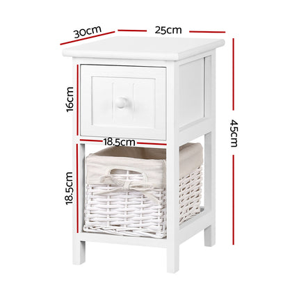 Artiss Bedside Table 1 Drawer with Basket Rustic White X2.