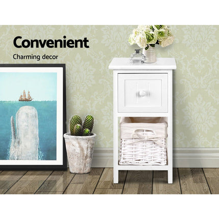 Artiss Bedside Table 1 Drawer with Basket Rustic White X2.