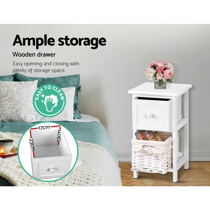 Artiss Bedside Table 1 Drawer with Basket Rustic White X2.