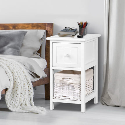 Artiss Bedside Table 1 Drawer with Basket Rustic White X2.