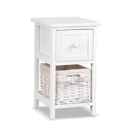Artiss Bedside Table 1 Drawer with Basket Rustic White X2.
