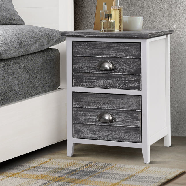 Artiss Bedside Table 2 Drawers Vintage X2 - THYME Grey.