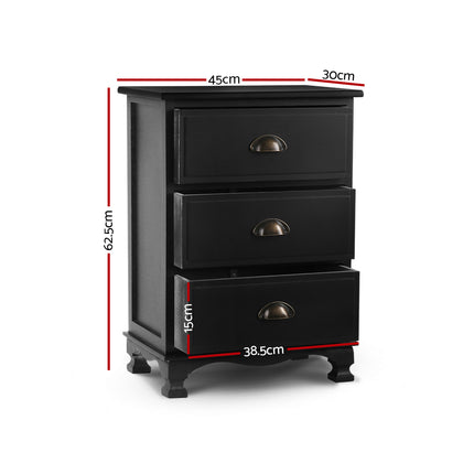 Artiss Bedside Table 3 Drawers Vintage - THYME Black.