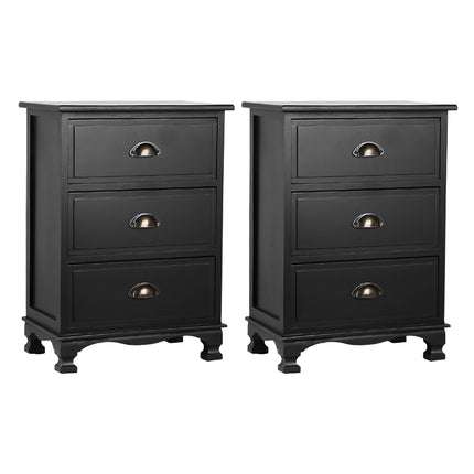 Artiss 2x Bedside Table 3 Drawers Vintage - THYME Black.