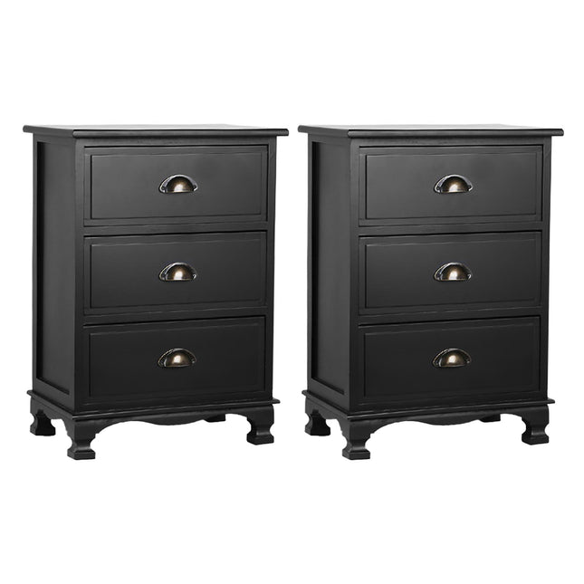 Artiss 2x Bedside Table 3 Drawers Vintage - THYME Black.