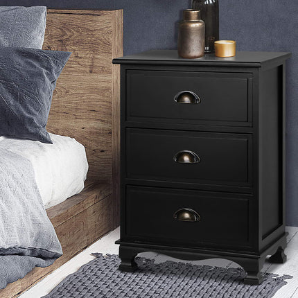 Artiss 2x Bedside Table 3 Drawers Vintage - THYME Black.