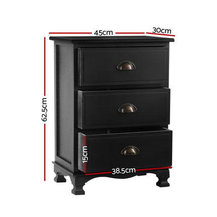 Artiss 2x Bedside Table 3 Drawers Vintage - THYME Black.