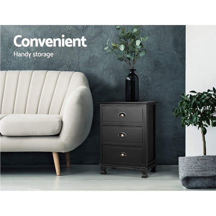 Artiss 2x Bedside Table 3 Drawers Vintage - THYME Black.