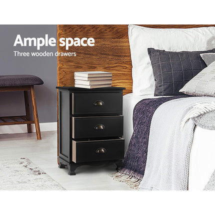 Artiss 2x Bedside Table 3 Drawers Vintage - THYME Black.