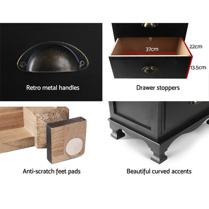 Artiss 2x Bedside Table 3 Drawers Vintage - THYME Black.