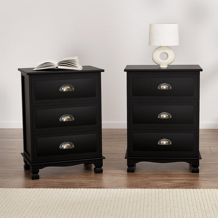 Artiss 2x Bedside Table 3 Drawers Vintage - THYME Black.