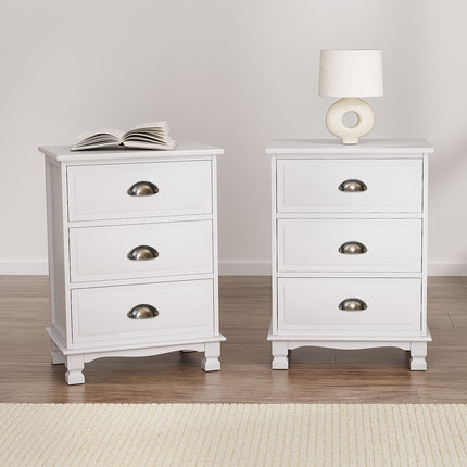 Artiss 2x Bedside Table 3 Drawers Vintage - THYME White.
