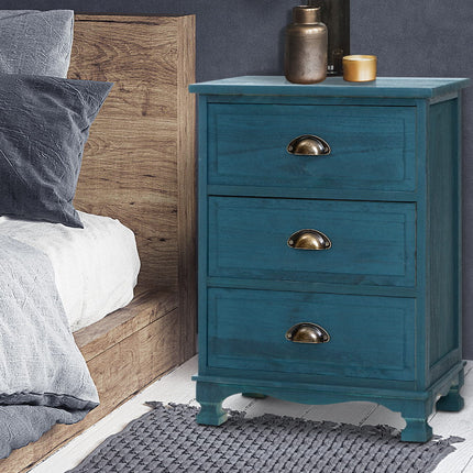 Artiss Bedside Table 3 Drawers Vintage - THYME Blue.