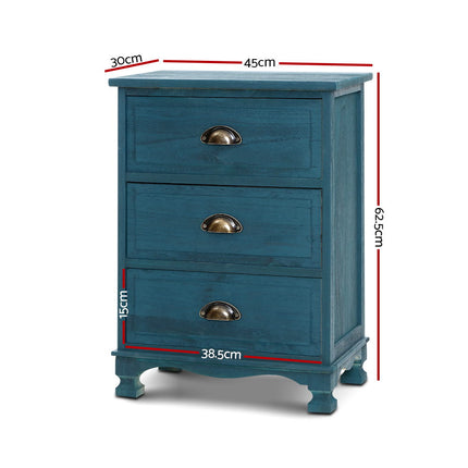 Artiss Bedside Table 3 Drawers Vintage - THYME Blue.