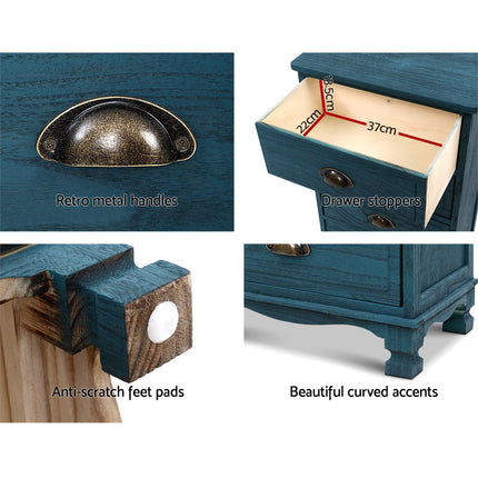 Artiss Bedside Table 3 Drawers Vintage - THYME Blue.