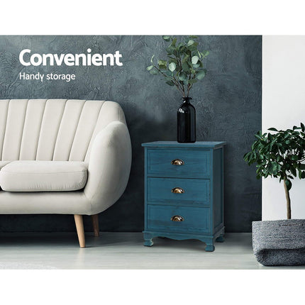 Artiss 2x Bedside Table 3 Drawers Vintage - THYME Blue.