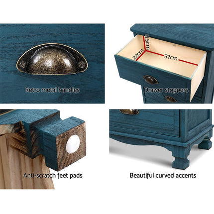 Artiss 2x Bedside Table 3 Drawers Vintage - THYME Blue.
