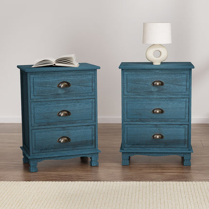 Artiss 2x Bedside Table 3 Drawers Vintage - THYME Blue.