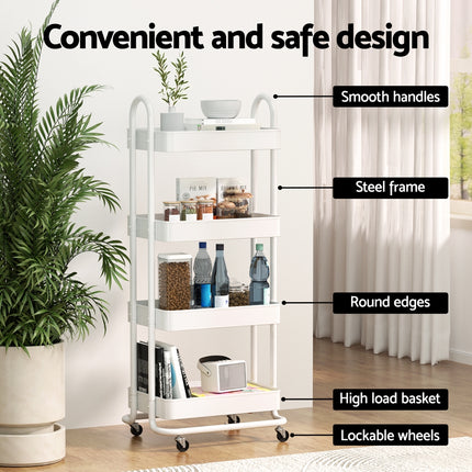 Artiss Storage Trolley Kitchen Cart 4 Tiers White.