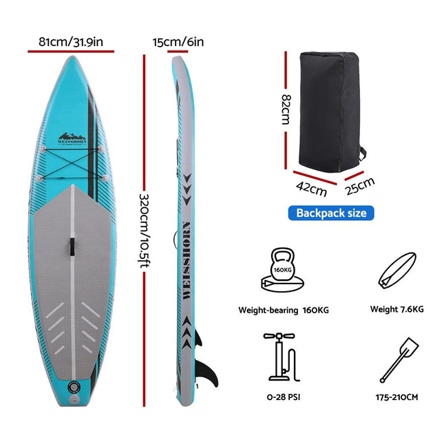 Weisshorn Stand Up Paddle Board 10.5ft Inflatable SUP Surfboard Paddleboard Kayak Surf Green.