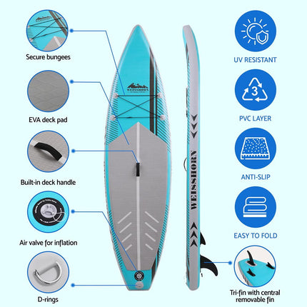 Weisshorn Stand Up Paddle Board 10.5ft Inflatable SUP Surfboard Paddleboard Kayak Surf Green.