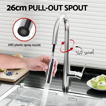 Cefito Kitchen Mixer Tap Pull Out Round 2 Mode Sink Basin Faucet Swivel WELS Chrome.