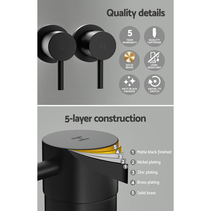 Cefito Basin Twin Tap Wall Round Brass Faucet Shower Bathtub Black.
