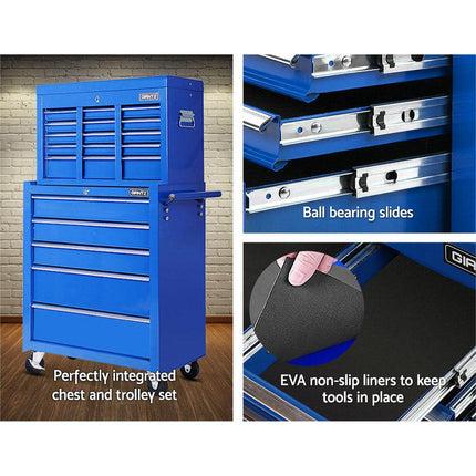 Giantz 14 Drawer Tool Box Cabinet Chest Mechanic Garage Storage Trolley Blue.