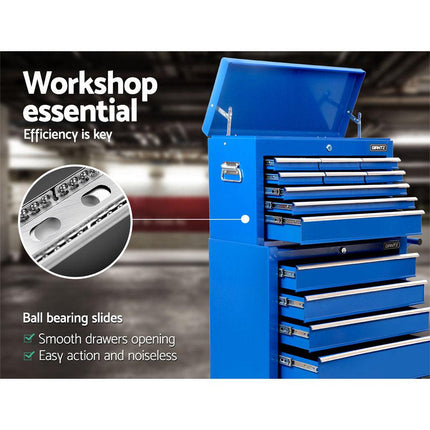 Giantz 14 Drawer Tool Box Cabinet Chest Mechanic Garage Storage Trolley Blue.
